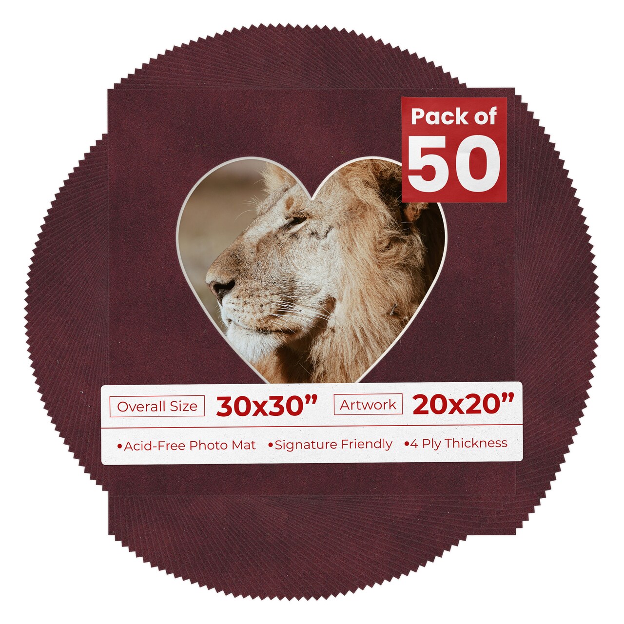 Dark Red Suede Mat Board for 30x30 Frames - Heart Opening for 20x20 Photos